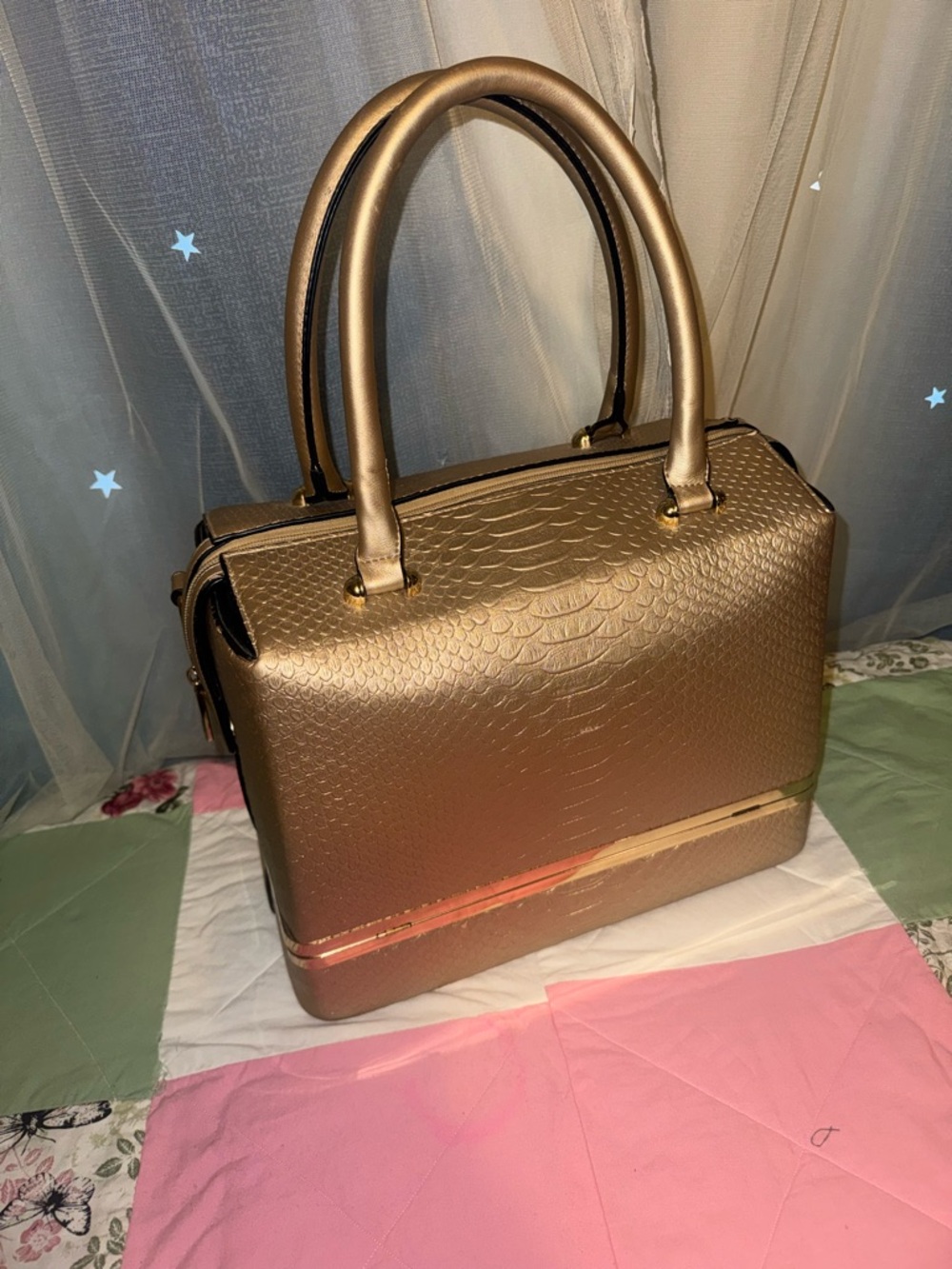 Metallic Gold Croc Bronze Structured Travel/Makeup Tote - Women Bags